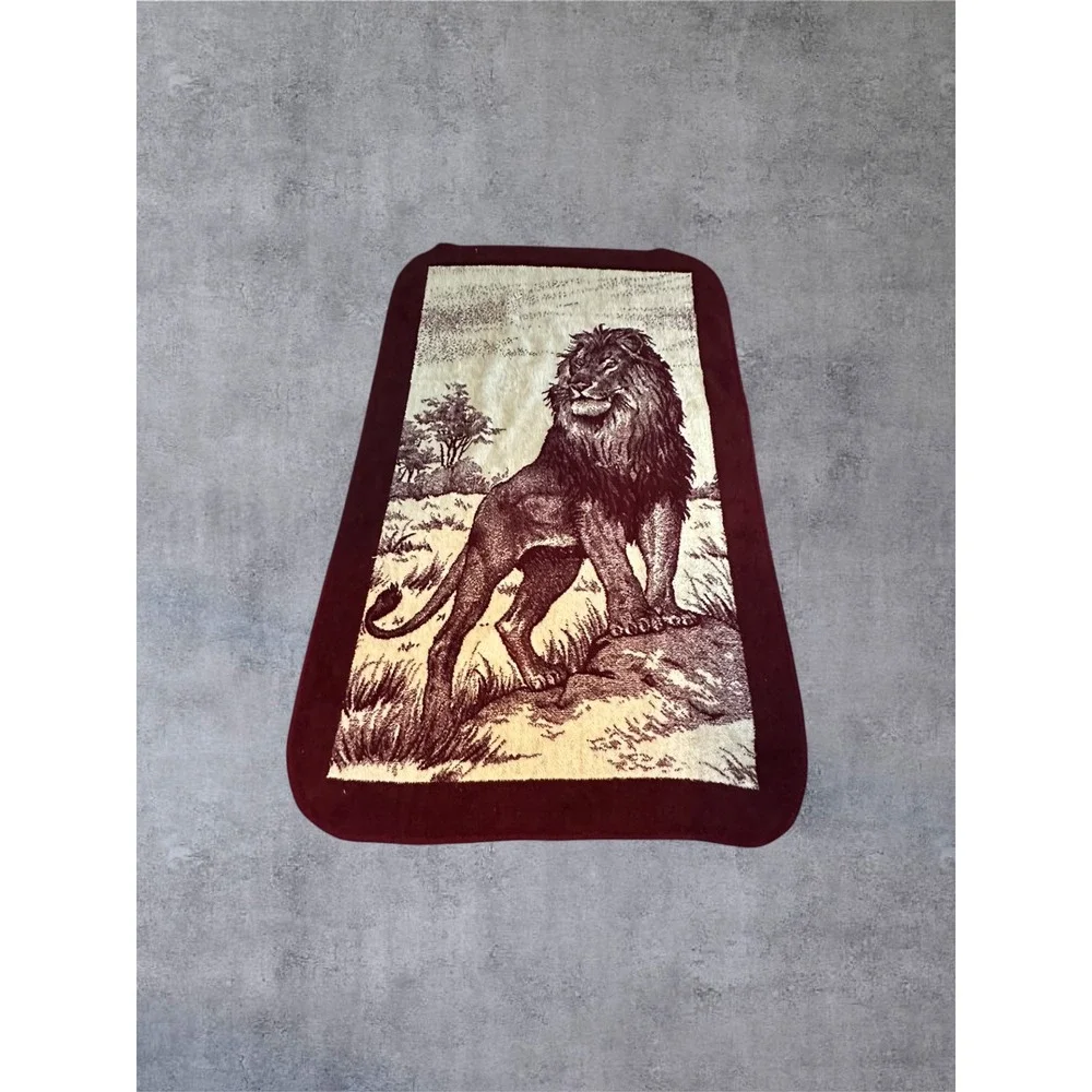Vintage San Marcos Lion Blanket 81x50 Burgundy Plush Fleece Throw